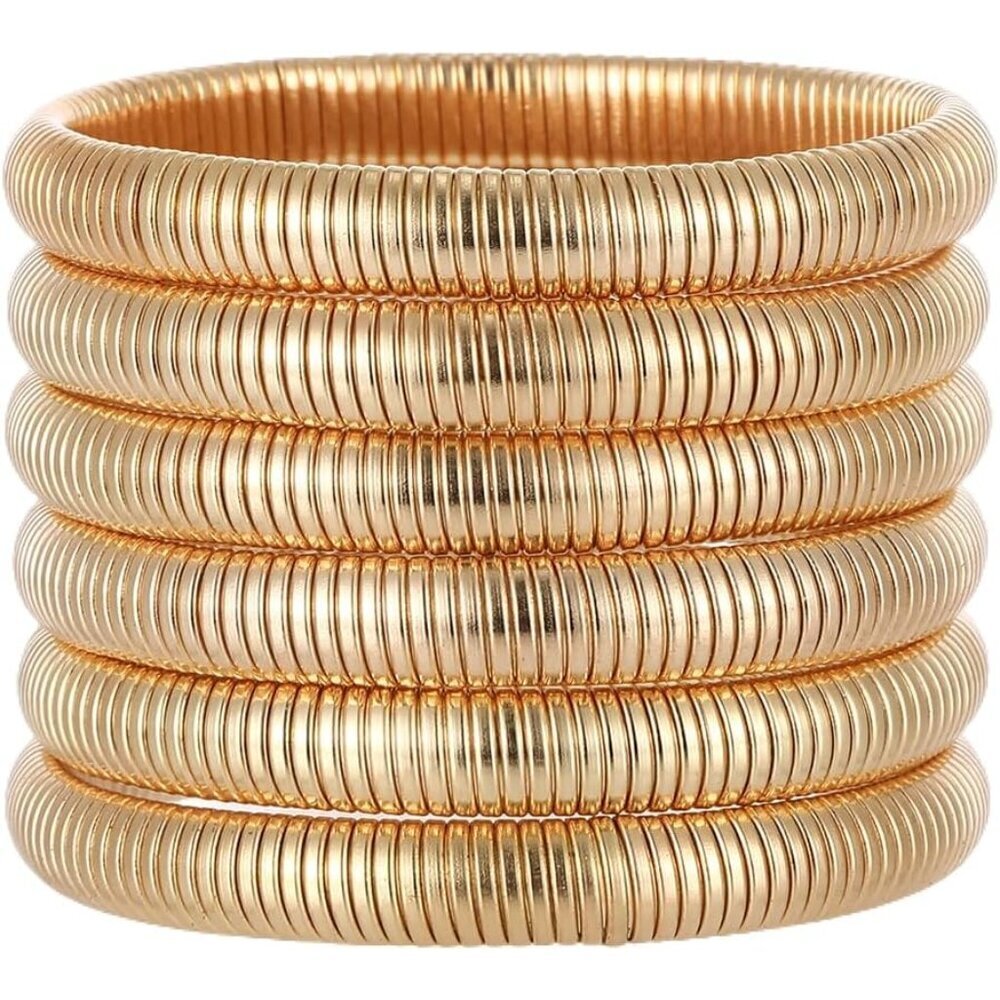 6 Pcs Gold Bangle Bracelets for Women Stackable Stretch Wide Wrist Jewelry
